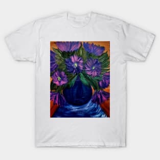 Purple carnations flowers in a blue and silver metallic vase. T-Shirt